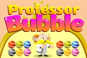 Nhân vật giáo sư với ria mép lớn đứng dưới dòng chữ Professor Bubble đầy màu sắc, bên cạnh những quả bong bóng nhiều màu sắc