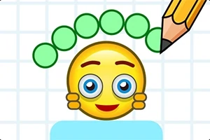 Khuôn mặt tròn màu vàng với đôi mắt to, đang được một cây bút chì vẽ thêm các vòng tròn xanh phía trên