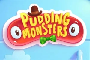 Hình ảnh có chữ Pudding Monsters với đôi mắt hoạt hình, đội mũ và nơ xanh lá trên nền xanh da trời