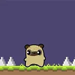 Một chú chó hoạt hình màu nâu đứng trên nền cỏ xanh pixel với bối cảnh tối, cạnh các chướng ngại vật hình chóp xám trắng
