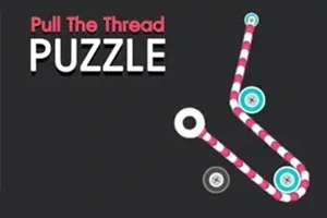 Hình ảnh có nền màu đen với dòng chữ Pull The Thread PUZZLE và một sợi dây màu đỏ trắng uốn lượn qua các vòng tròn