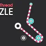 Hình ảnh có nền màu đen với dòng chữ Pull The Thread PUZZLE và một sợi dây màu đỏ trắng uốn lượn qua các vòng tròn