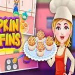 Một đầu bếp nữ đang cầm đĩa muffins bí ngô, bên cạnh là dòng chữ Pumpkin Muffins và các hình ảnh nhỏ miêu tả quá trình làm bánh