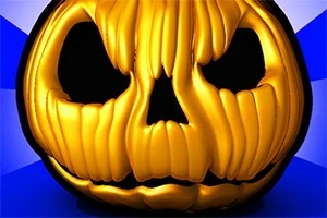 Hình ảnh một quả bí ngô Halloween với khuôn mặt cười đáng sợ, nền màu xanh dương và trắng