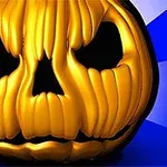 Hình ảnh một quả bí ngô Halloween với khuôn mặt cười đáng sợ, nền màu xanh dương và trắng