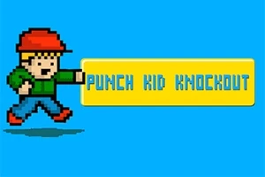 Hình ảnh một cậu bé pixel đội mũ đỏ, mặc áo xanh và quần xanh, đang đấm vào một bảng chữ màu vàng với dòng chữ PUNCH KID KNOCKOUT