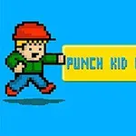 Hình ảnh một cậu bé pixel đội mũ đỏ, mặc áo xanh và quần xanh, đang đấm vào một bảng chữ màu vàng với dòng chữ PUNCH KID KNOCKOUT