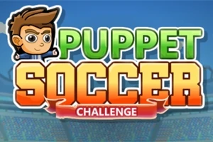 Hình ảnh có một nhân vật hoạt hình bên tay trái và dòng chữ Puppet Soccer Challenge nổi bật trên nền sân vận động
