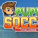 Hình ảnh có một nhân vật hoạt hình bên tay trái và dòng chữ Puppet Soccer Challenge nổi bật trên nền sân vận động