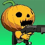 Nhân vật pixel đội mũ bí ngô cầm súng trên nền xanh lá