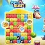 Hình ảnh một chú chó hoạt hình vui vẻ bên bãi biển với bảng xếp gạch màu sắc rực rỡ và các bong bóng nổi