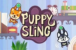 Hai chú chó hoạt hình đang treo lơ lửng với dòng chữ Puppy Sling ở giữa; nền có đồng hồ, sách, và một chậu cây