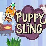 Hai chú chó hoạt hình đang treo lơ lửng với dòng chữ Puppy Sling ở giữa; nền có đồng hồ, sách, và một chậu cây