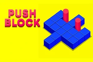 Nền vàng với chữ PUSH BLOCK màu đỏ bên trái và các khối xanh cùng hai cột đỏ ở bên phải