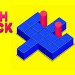 Nền vàng với chữ PUSH BLOCK màu đỏ bên trái và các khối xanh cùng hai cột đỏ ở bên phải