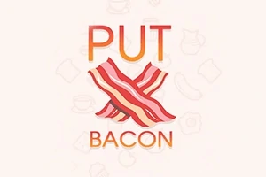 Chữ PUT BACON với hai lát thịt xông khói chéo nhau trên nền màu nhạt