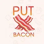 Chữ PUT BACON với hai lát thịt xông khói chéo nhau trên nền màu nhạt