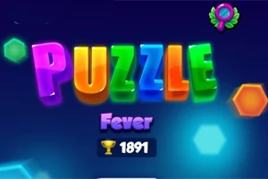 Chữ PUZZLE nhiều màu với hình nền xanh lam và các hình lục giác sáng xung quanh