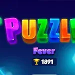Chữ PUZZLE nhiều màu với hình nền xanh lam và các hình lục giác sáng xung quanh