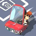 Người đàn ông đeo kính râm đang lái một chiếc xe hơi nhỏ màu đỏ trên nền xanh, với biểu tượng hình bãi đậu xe