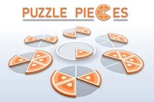 Hình ảnh gồm các miếng ghép hình tròn màu cam giống như các lát pizza, sắp xếp thành vòng tròn và chữ PUZZLE PIECES phía trên