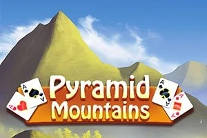 Núi cao dưới bầu trời xanh với các lá bài xung quanh dòng chữ Pyramid Mountains