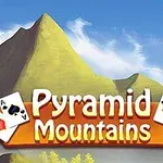 Núi cao dưới bầu trời xanh với các lá bài xung quanh dòng chữ Pyramid Mountains