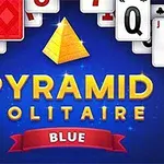 Các lá bài cùng một biểu tượng kim tự tháp vàng trên nền xanh, kèm theo chữ PYRAMID SOLITAIRE BLUE