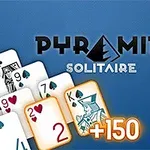 Các lá bài xếp thành hình kim tự tháp trên nền xanh dương với chữ Pyramid Solitaire và số điểm +150