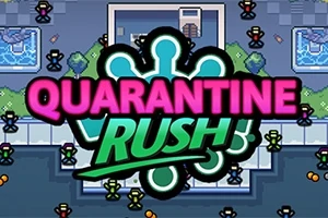 Màn hình hiển thị hình ảnh đồ họa có dòng chữ lớn QUARANTINE RUSH với nền là cảnh quan đường phố và các nhân vật hoạt hình nhỏ đang di chuyển