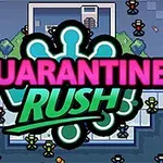 Màn hình hiển thị hình ảnh đồ họa có dòng chữ lớn QUARANTINE RUSH với nền là cảnh quan đường phố và các nhân vật hoạt hình nhỏ đang di chuyển