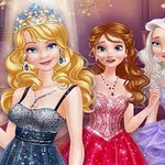 Bốn nhân vật hoạt hình mặc váy dạ hội lấp lánh với các kiểu tóc và màu sắc khác nhau đứng cạnh nhau trong một khung cảnh sang trọng