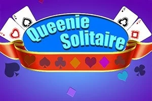 Hình ảnh có nền màu tím với chữ Queenie Solitaire trên nền xanh, xung quanh là các lá bài và biểu tượng quân bài