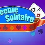 Hình ảnh có nền màu tím với chữ Queenie Solitaire trên nền xanh, xung quanh là các lá bài và biểu tượng quân bài