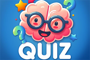 Bộ não hoạt hình đeo kính mỉm cười với chữ QUIZ, dấu hỏi và ngôi sao trên nền xanh