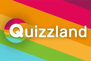 Logo với dòng chữ Quizzland trên nền vạch màu sắc rực rỡ