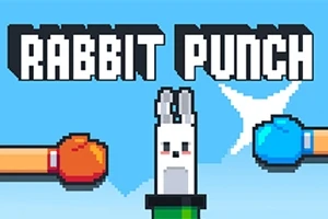Hình ảnh có chú thỏ pixel ở giữa với một chiếc găng tay đấm bốc màu đỏ bên trái và màu xanh bên phải, phía trên có chữ Rabbit Punch