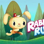 Hình ảnh chú thỏ dễ thương đội mũ đỏ đang nhảy trong khu rừng, bên cạnh dòng chữ Rabbit Run