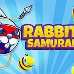 Chuột đeo băng đỏ, chữ Rabbit Samurai 2 ở giữa hình, và ba con ong dễ thương xung quanh nền xanh