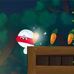 Một nhân vật hoạt hình với băng đỏ trên đầu đang nhảy qua một chiếc hành lang gỗ, với ba củ cà rốt lơ lửng ở phía trước, trong bối cảnh rừng cây tối tăm