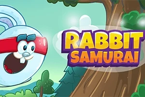 Một con thỏ trắng đeo băng đỏ bay qua một cái cây lớn với chữ RABBIT SAMURAI nổi bật bên cạnh