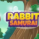 Một con thỏ trắng đeo băng đỏ bay qua một cái cây lớn với chữ RABBIT SAMURAI nổi bật bên cạnh