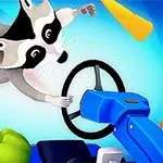 Một chú gấu trúc đang bay qua vô lăng màu xanh, với ớt chuông xanh và nhiều vật thể khác xung quanh trên nền sáng màu xanh