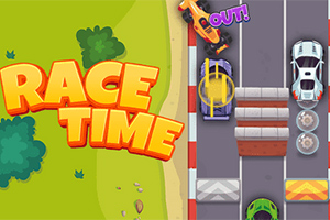 Hình ảnh có dòng chữ RACE TIME lớn màu vàng, bên cạnh là cảnh đua xe trên đường với các xe ô tô đủ màu sắc