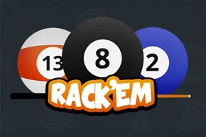 Ba quả bóng bida với số 13, 8, và 2 phía sau chữ RACKEM trên nền tối