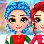 Hai nhân vật hoạt hình dễ thương với mái tóc xanh và đỏ, mặc trang phục màu đỏ và xanh lá, đeo bông tai phong cách