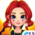 Bé gái với tóc đỏ, mặc trang phục Halloween có hoa tai ma và nền có dơi, nhện trước mặt trăng sáng