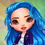 Nhân vật hoạt hình với mái tóc xanh dương dài và đôi mắt to nâu, nền ánh sáng nhiều màu sắc