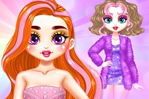 Hai cô gái hoạt hình với mái tóc màu sắc nổi bật, một người có tóc dài cam và váy hồng nhạt, người kia có tóc ngắn nâu và mặc áo khoác tím, đang đứng trên nền màu hồng sáng