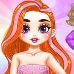 Hai cô gái hoạt hình với mái tóc màu sắc nổi bật, một người có tóc dài cam và váy hồng nhạt, người kia có tóc ngắn nâu và mặc áo khoác tím, đang đứng trên nền màu hồng sáng